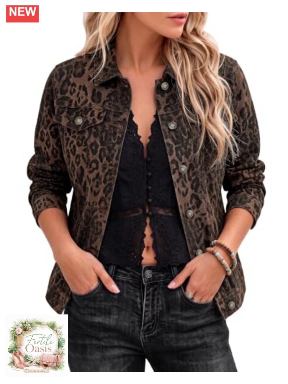 Women's Leopard Print Denim Jacket Stretch Casual Jean Jacket